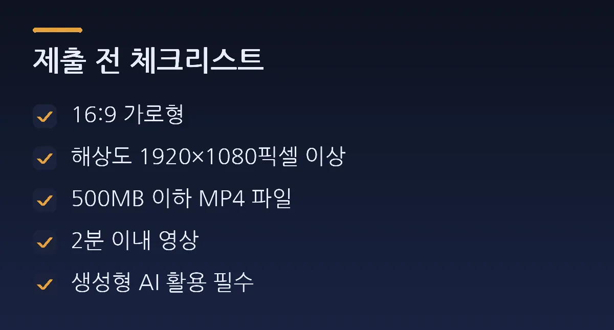 제출 전 체크리스트: 16:9 가로형, 해상도 1920×1080픽셀 이상, 500MB 이하 MP4 파일, 2분 이내 영상, 생성형 AI 활용 필수