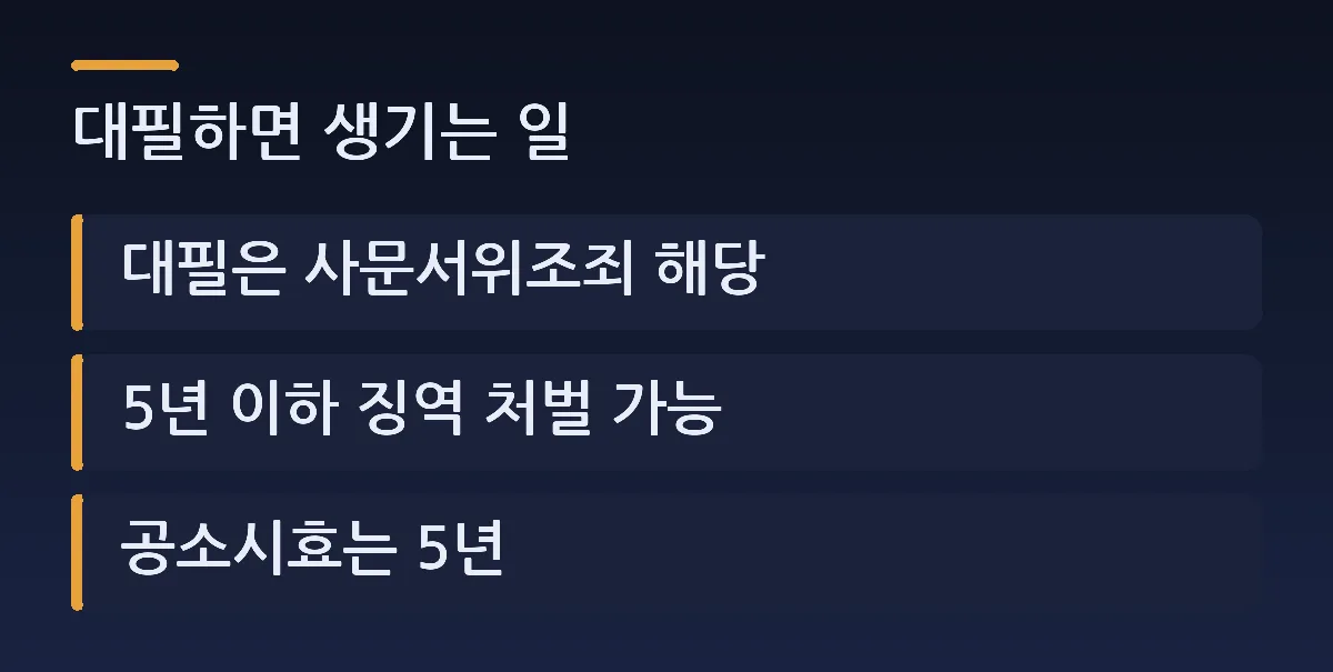 대필하면 생기는 일: 대필은 사문서위조죄 해당, 5년 이하 징역 처벌 가능, 공소시효는 5년