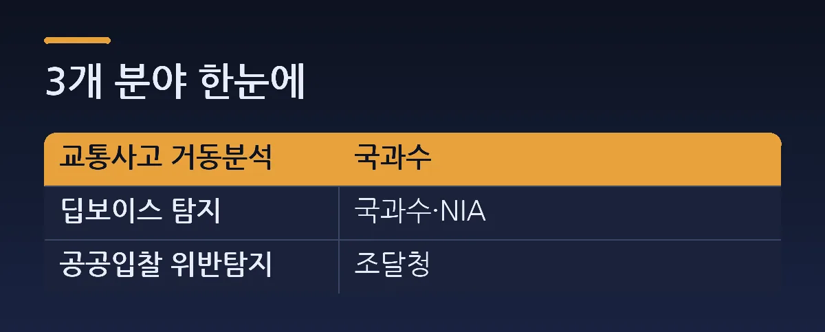 3개 분야 한눈에 — 비교표. 열: 교통사고 거동분석, 국과수. 딥보이스 탐지 = 국과수·NIA. 공공입찰 위반탐지 = 조달청.