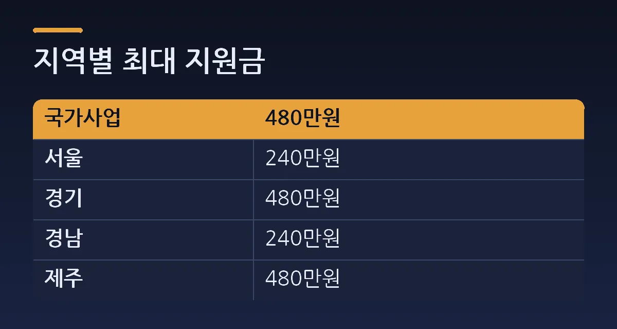 지역별 최대 지원금 — 비교표. 열: 국가사업, 480만원. 서울 = 240만원. 경기 = 480만원. 경남 = 240만원. 제주 = 480만원.