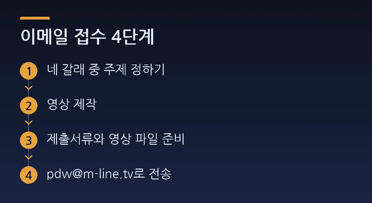 이메일 접수 4단계: 네 갈래 중 주제 정하기 → 영상 제작 → 제출서류와 영상 파일 준비 → pdw@m-line.tv로 전송