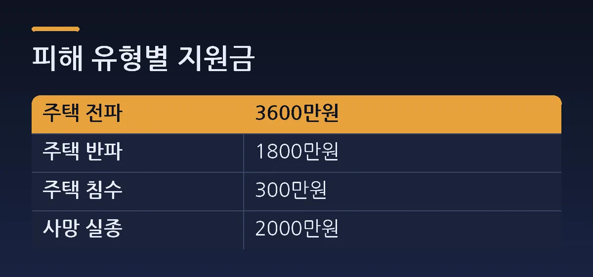 피해 유형별 지원금 — 비교표. 열: 주택 전파, 3600만원. 주택 반파 = 1800만원. 주택 침수 = 300만원. 사망 실종 = 2000만원.